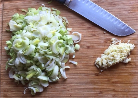 chopped leeks and garlic